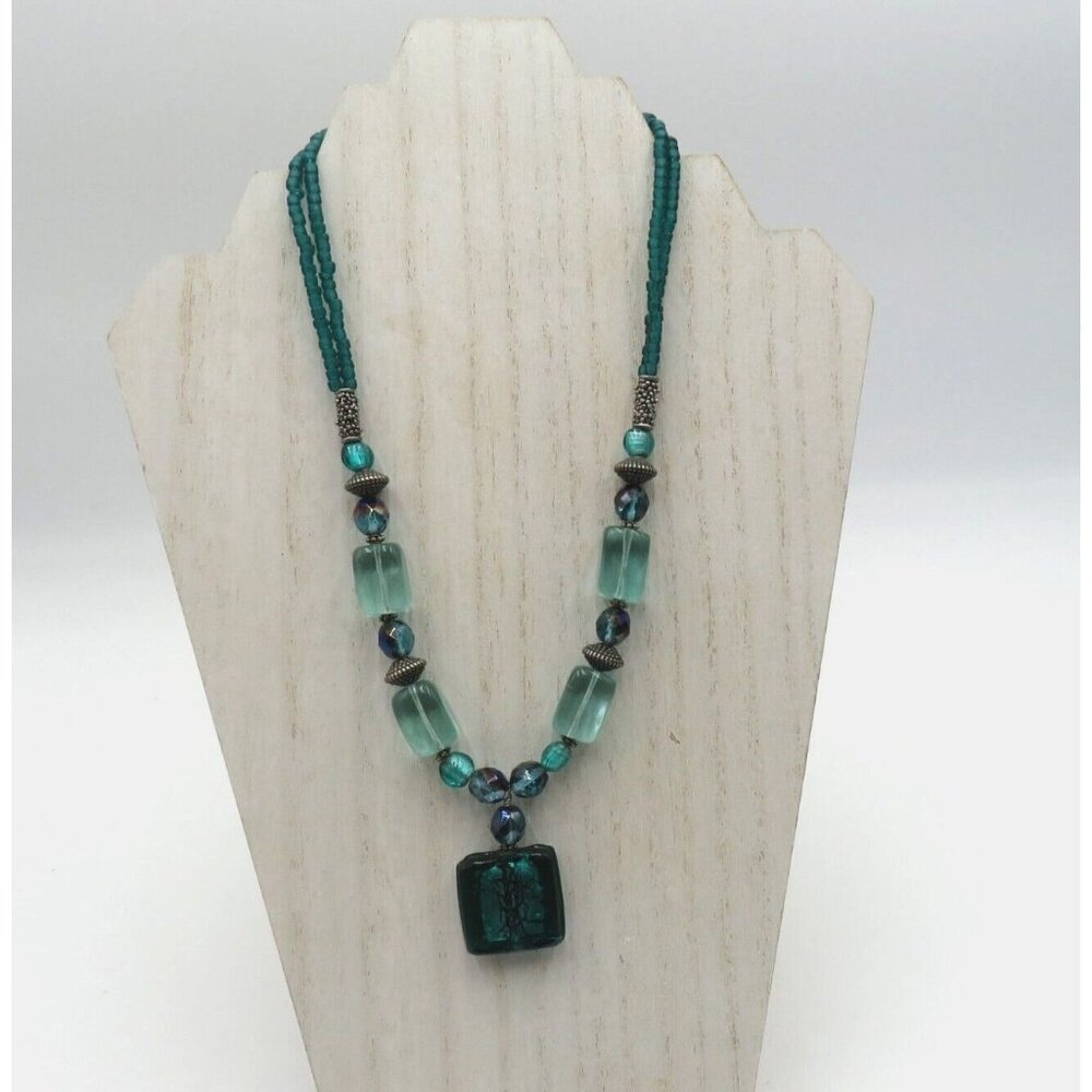 Artisan Necklace 19" Glass Beads Aqua‎ Teal Blues Handmade Signed Silver Tone